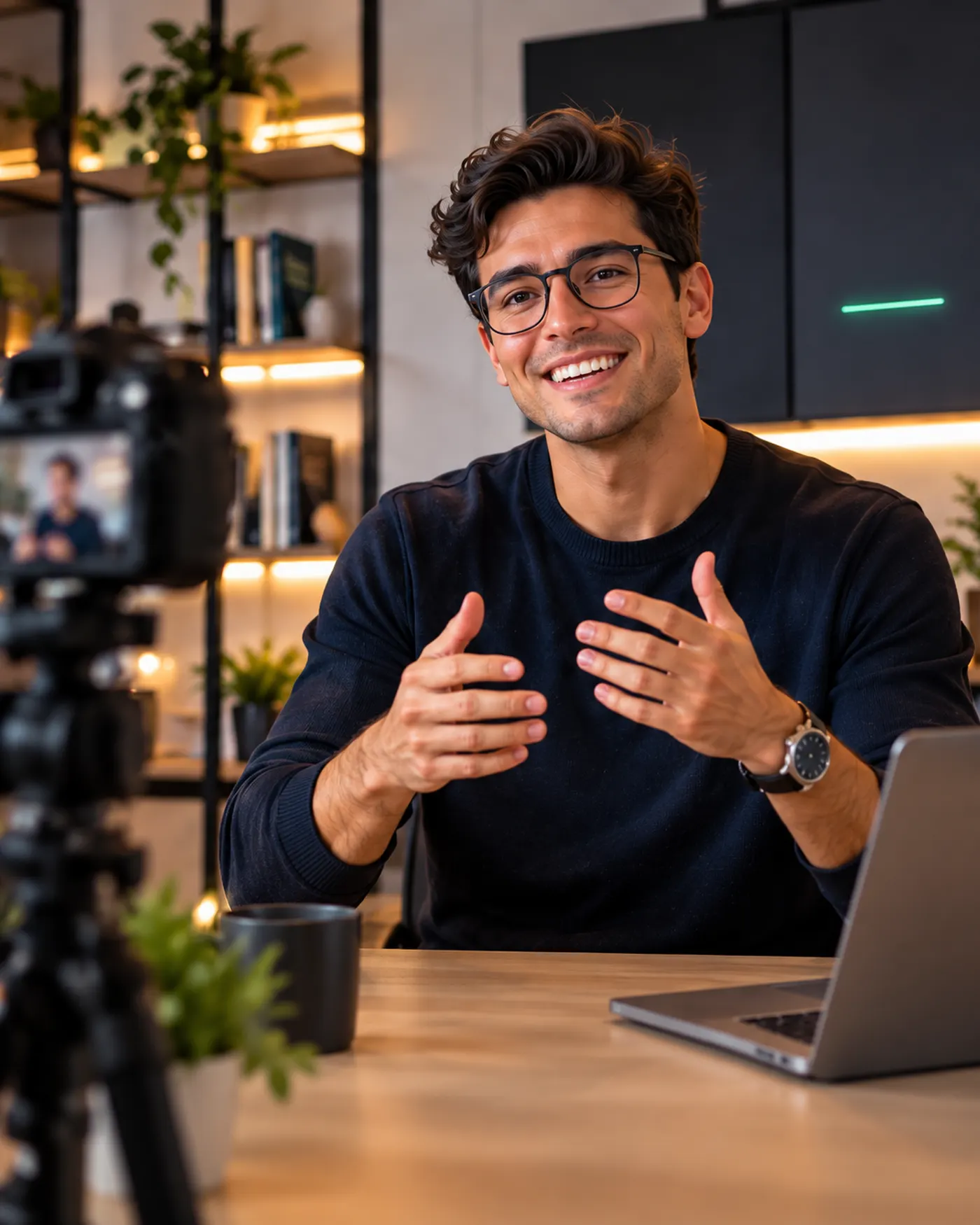 Cena ilustrativa: criador sorrindo enquanto grava uma aula de fotografia com celular e câmera
