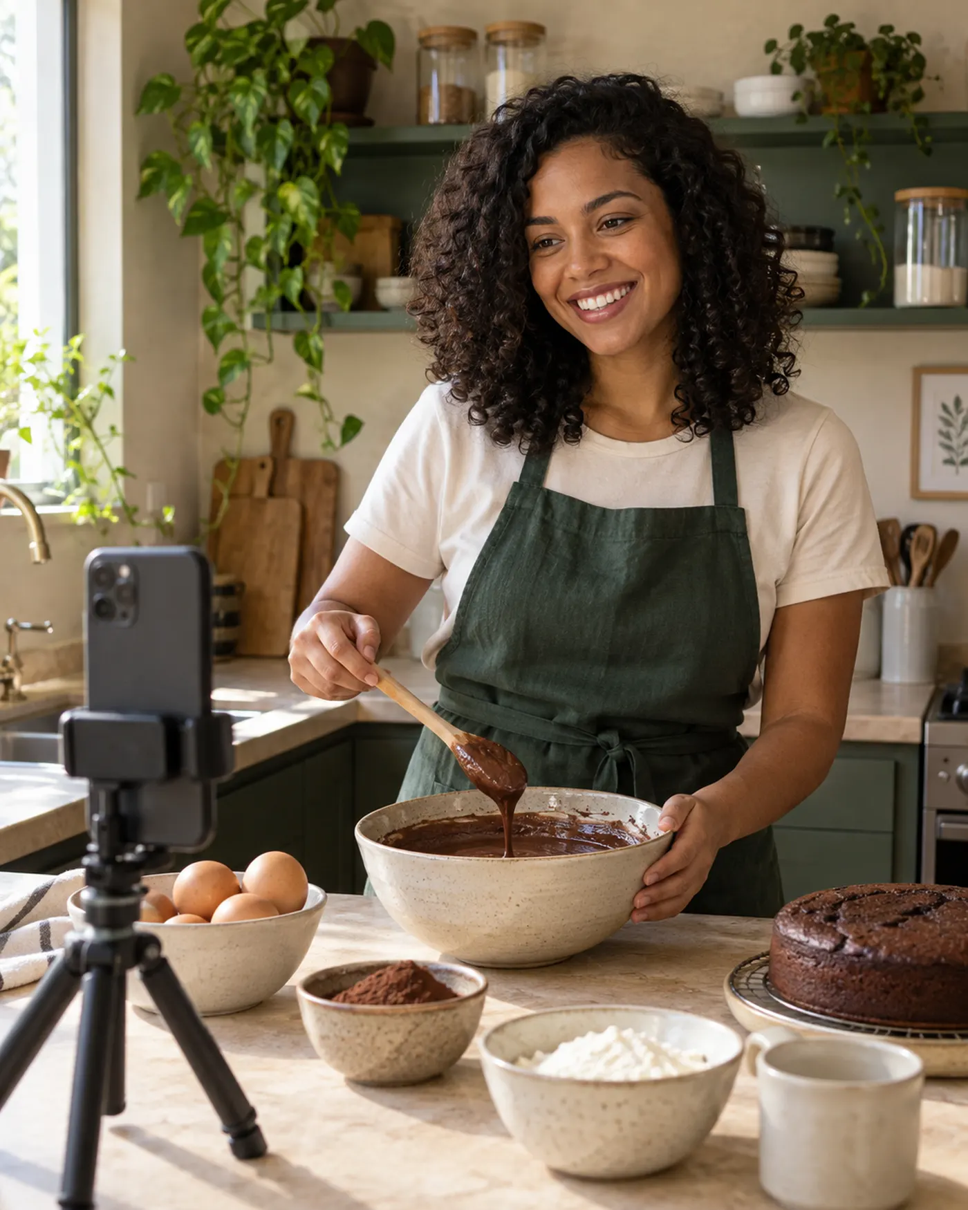 Cena ilustrativa gerada: criadora de gastronomia gravando uma receita na cozinha