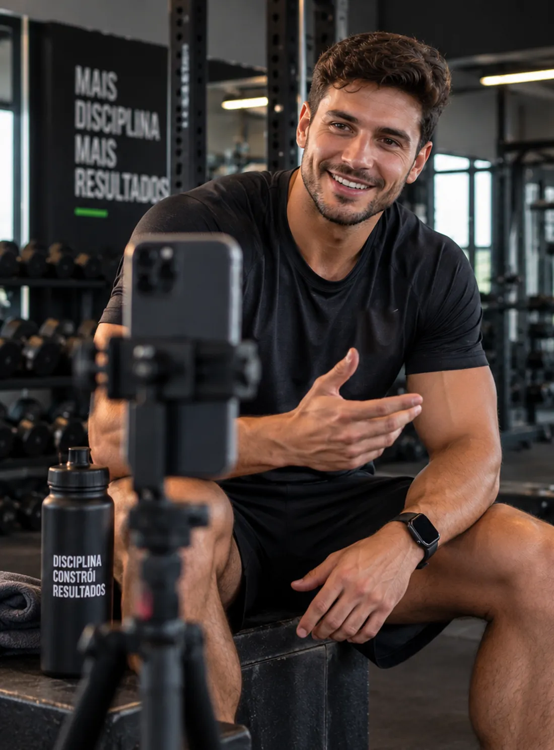 Personal trainer sorrindo dentro de uma academia, sentado em frente a um celular preso a um tripé, com halteres e equipamentos ao fundo.